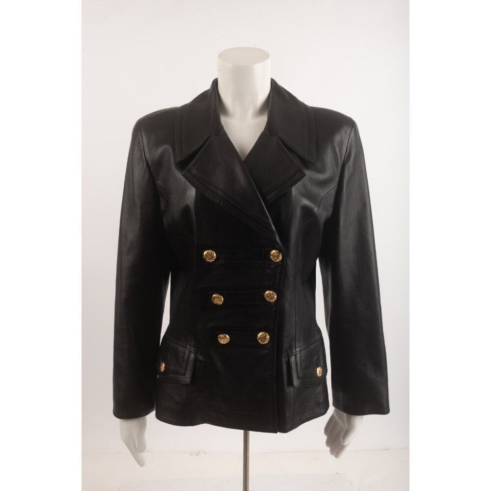 Loewe Madrid Womans Jacket Coat Blazer 44 M Black Leather Double Breasted Vtg